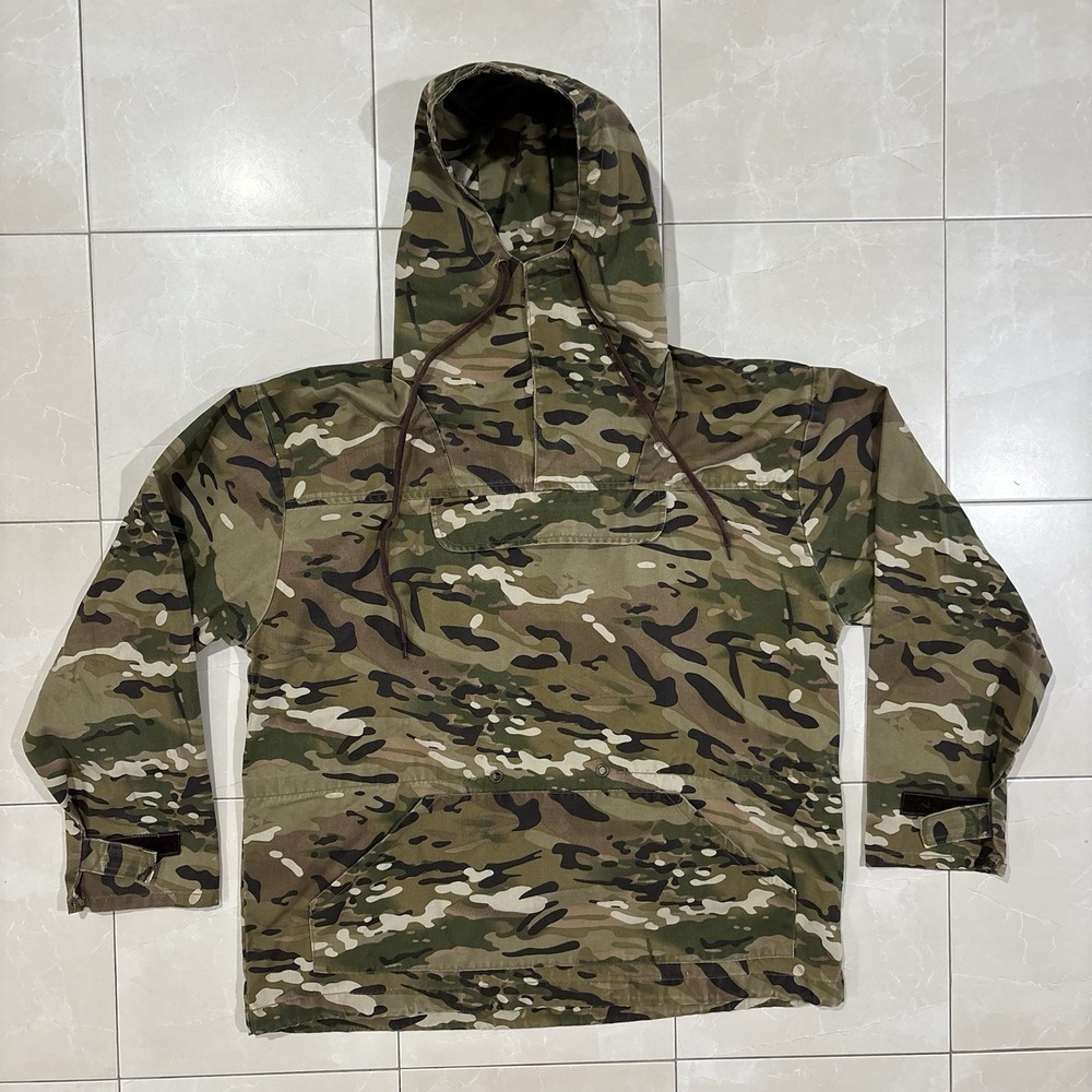 Vintage Military Anorak Pullover Camo Mens Large Hood Canvas RARE 90s Army Parka